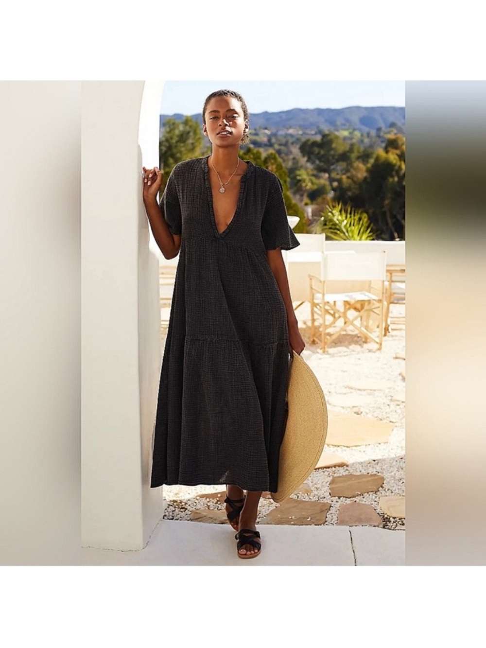 Anthropologie Kallie flowy black gauzy tiered dress